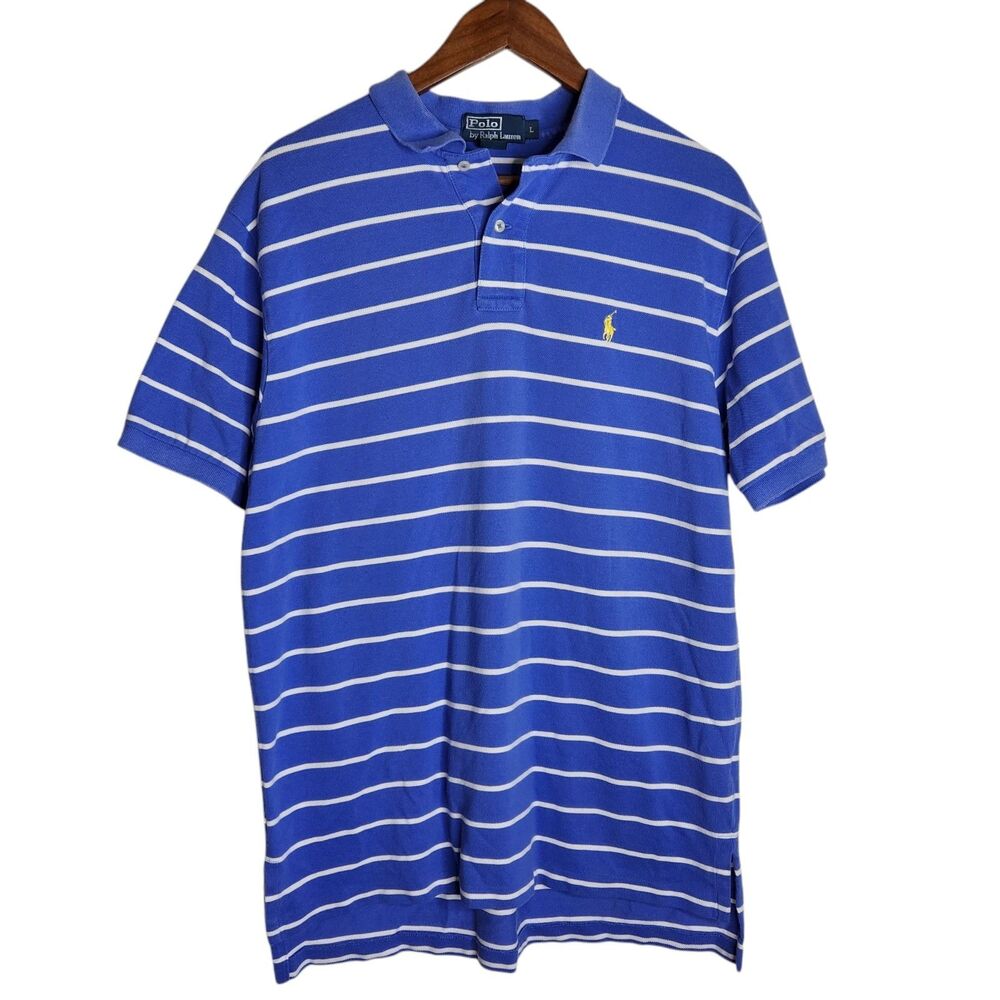 Y2K Polo Ralph Lauren Mens Short Sleeve Collared Blue White Striped Shirt Size L